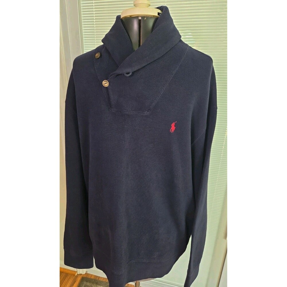 Vintage Polo Ralph Lauren Men's XL Navy Shawl Collar Sweater,  100% Cotton EUC